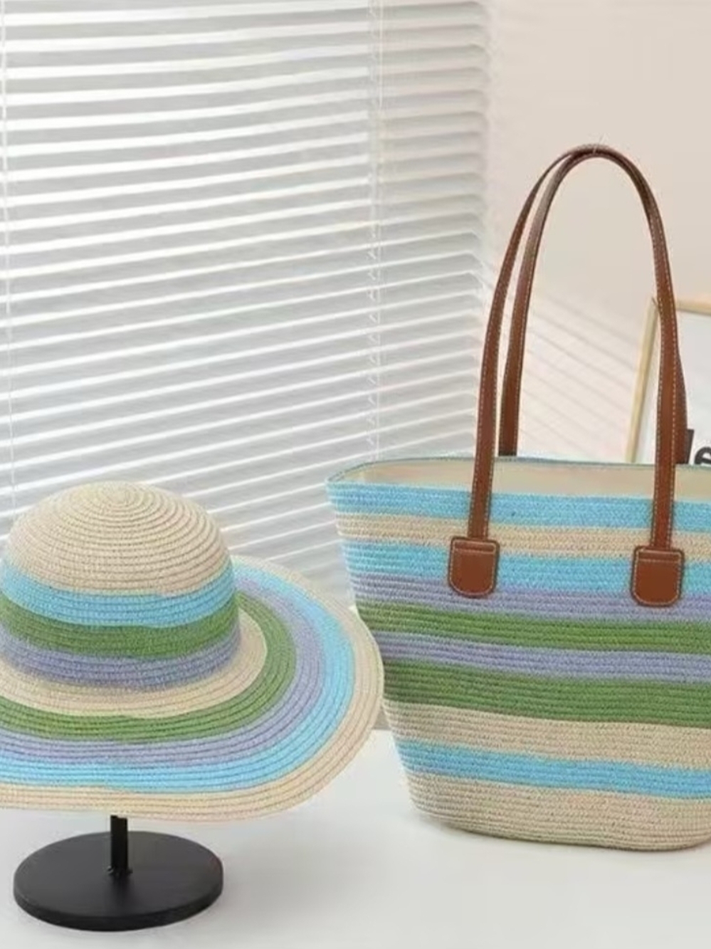 Striped Pastel Straw Hat and Tote Bag - Beige, Blue & Green